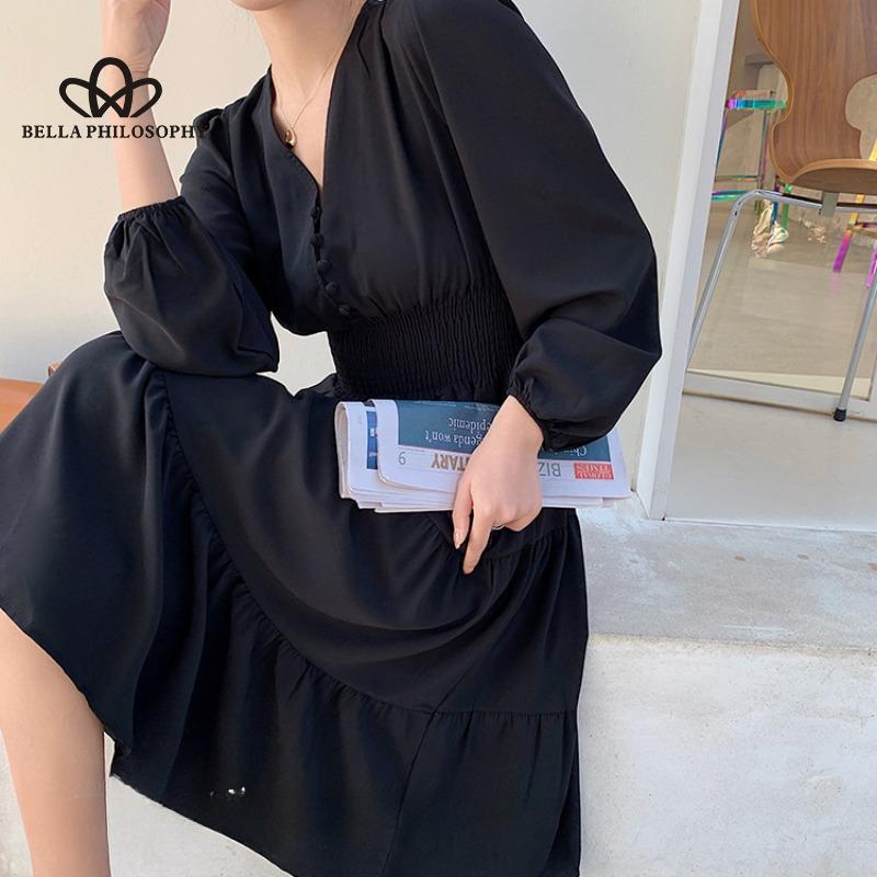 Francouzské jednobarevné dámské ležérní dlouhé společenské šaty s dlouhým rukávem a výstřihem do V