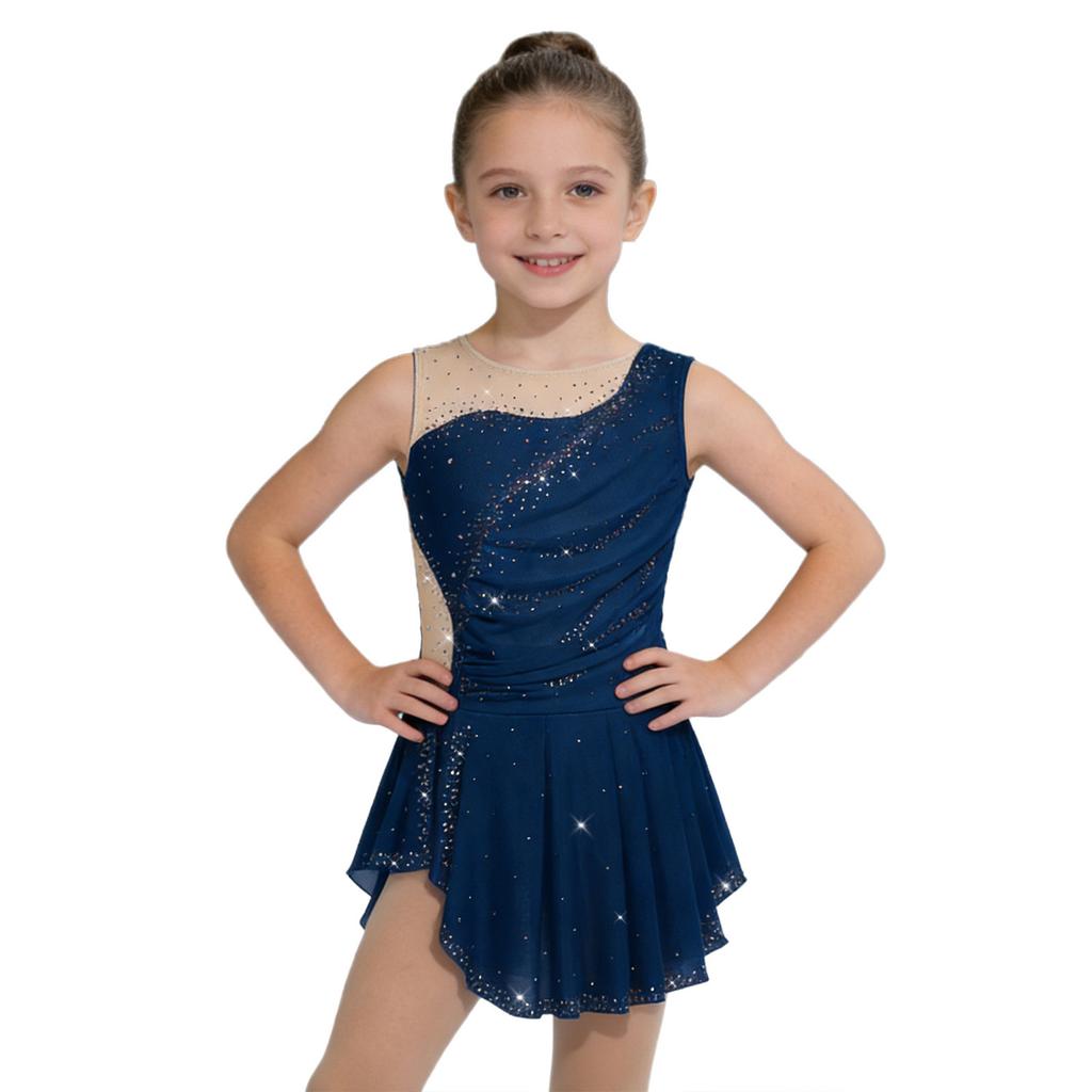 Kinder Gymnastik Schlittschuhlaufen Trikot Kleid Ärmellos Patchwork Strasssteine Raffung Netz Seiten Schlitz und Eingearbeitete Unterwäsche für Aufführung