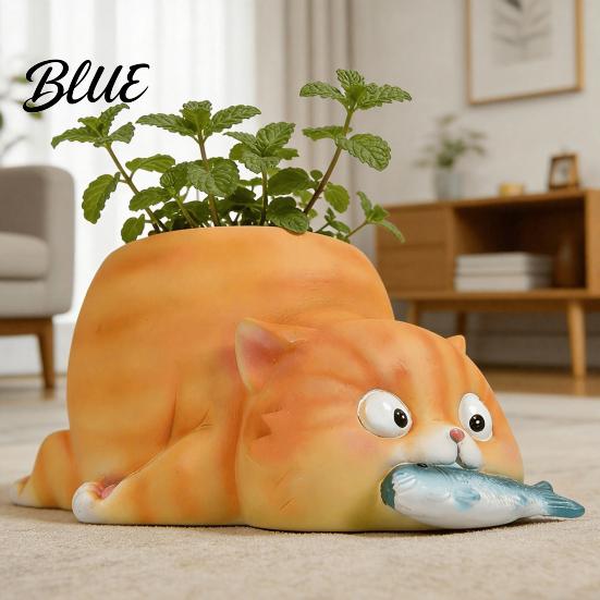 Langlebige Harz-Katzenfigur Pflanzgefäß Fressender Fisch Pflanzgefäß Niedriger Blumentopf mit Drainage Lustiger Kleiner Innenbehälter Corgi für Sukkulenten Pflanzen,