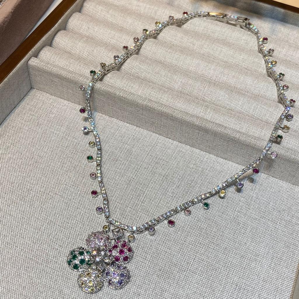 Three-Piece Jewelry Flower Micro-Inlaid Zircon Flower Fashion Vintage High-End Necklace Rhodium-Plated
