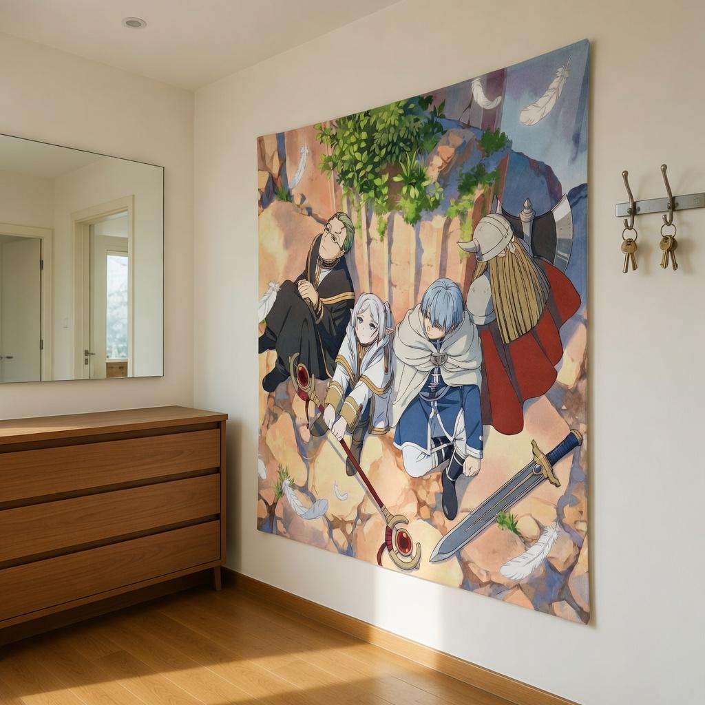 Fantasy Adventure Hero Party Tapestry Flat Print Anime Elf Girl Wall Art For Bedroom Dorm Aesthetic Room Decor Gift