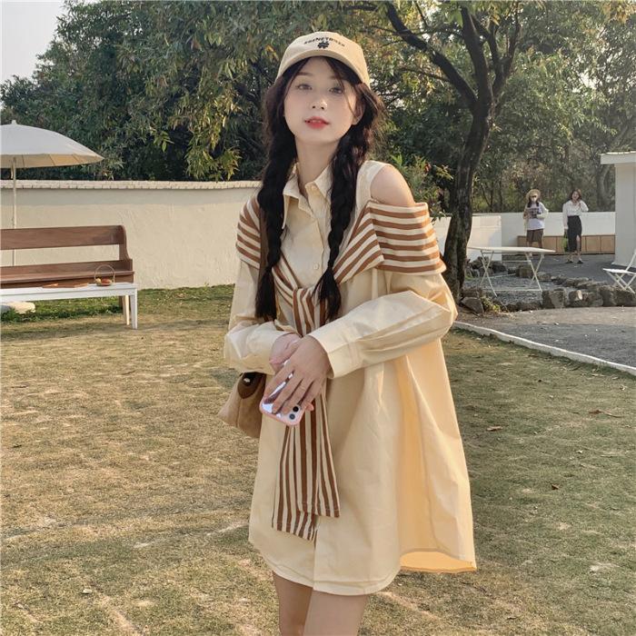 New Off-the-shoulder Polo Collar Shirt Dress Women's Autumn Design Sense Niche Art Sense Chic Short Skirt