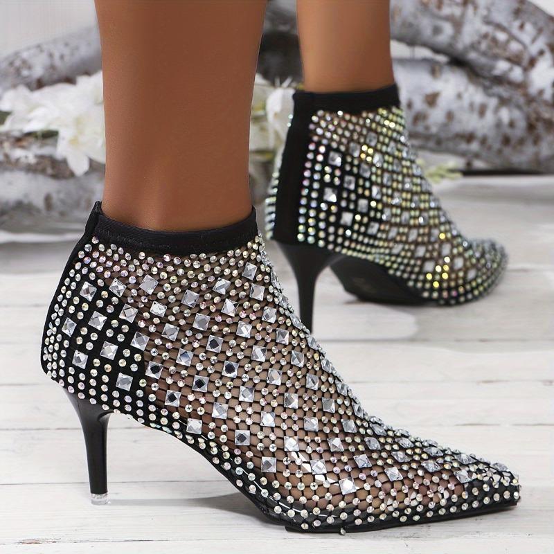 Sexy Pointed Fine Heel Big Size Hollow Rhinestone Elastic Transparent Fashion High Heel Women's Sandal Boots