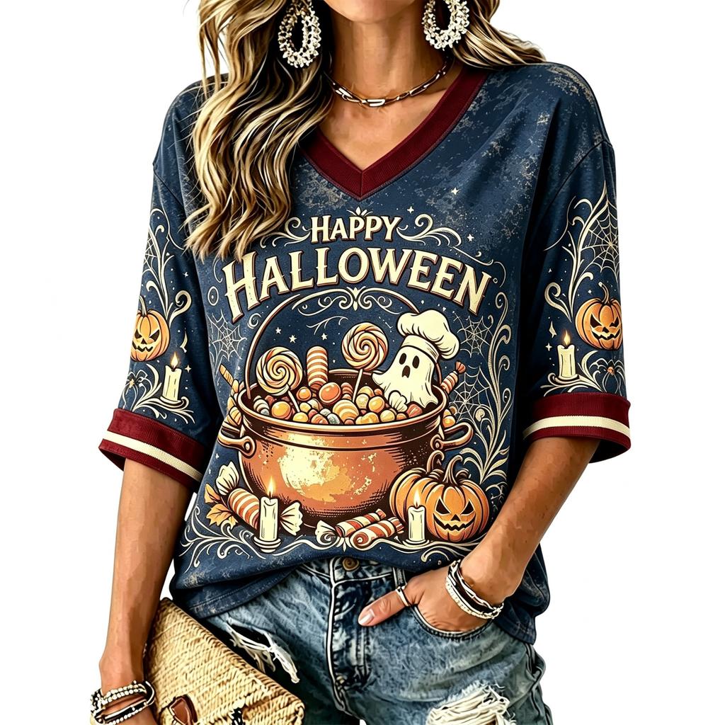 Women's Fashion Casual V-Neck T-Shirt with Halloween Print for Holiday Parties and Everyday Wear
