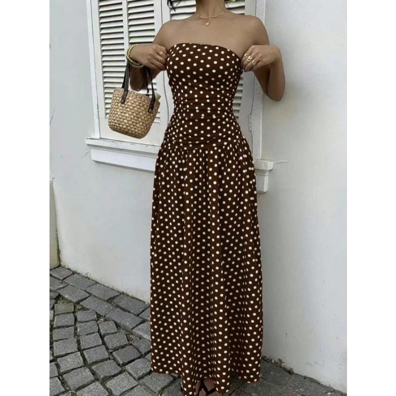 2026 Summer Off Shoulder Polka Dot Dress New Sexy Elegant Strapless Waist-cinching Slim Fit A-line Party Evening Dress Sweet Pleat Fashion Clothing
