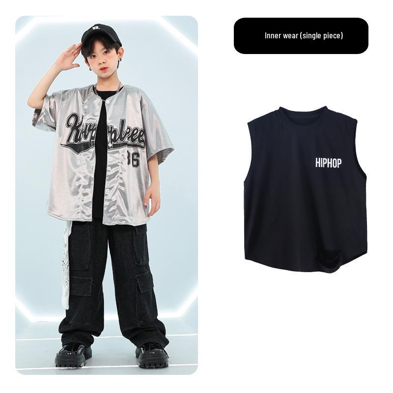 Kids  Trendy Street Dance Hip Hop Set - Boys  Silver Short Sleeve and Girls  Performance Outfits 170cm
