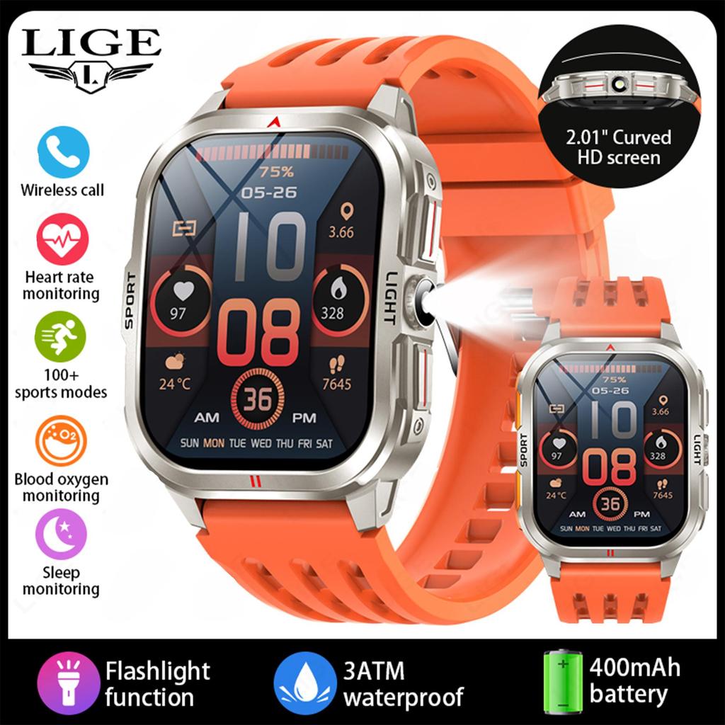 LIGE New Smart Watch 2.01-inch Curved Screen Bluetooth Call Outdoor Sports Waterproof Men's Smart Watch