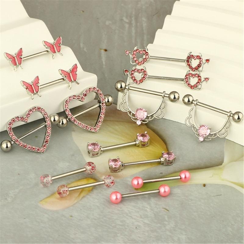 14pcs/Pack Elegant Nipple Bars and Rings Set Elegant Silver Pink Cubic Zirconia Nipple Rings for Trendy Women