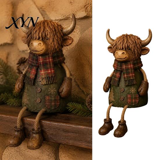 Retro kostkovaná zvířecí soška Vánoční figurka skotského býka, Roztomilá ozdoba s oblečením pro statek, Sváteční hravě tvarovaná dekorace na stolní desku, polici