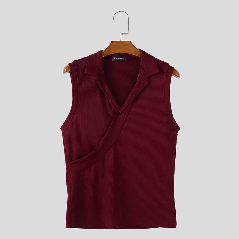 

INCERUN Summer Men Lapel Neck Sleeveless Front Cross Rib Casual Tank Tops 3XL красный