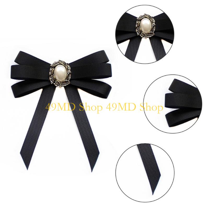 49MD Pearl Ribbon Brooch Pin Bow Tie Vintage Pre-Tied Collar Jewelry Bowknot Necktie