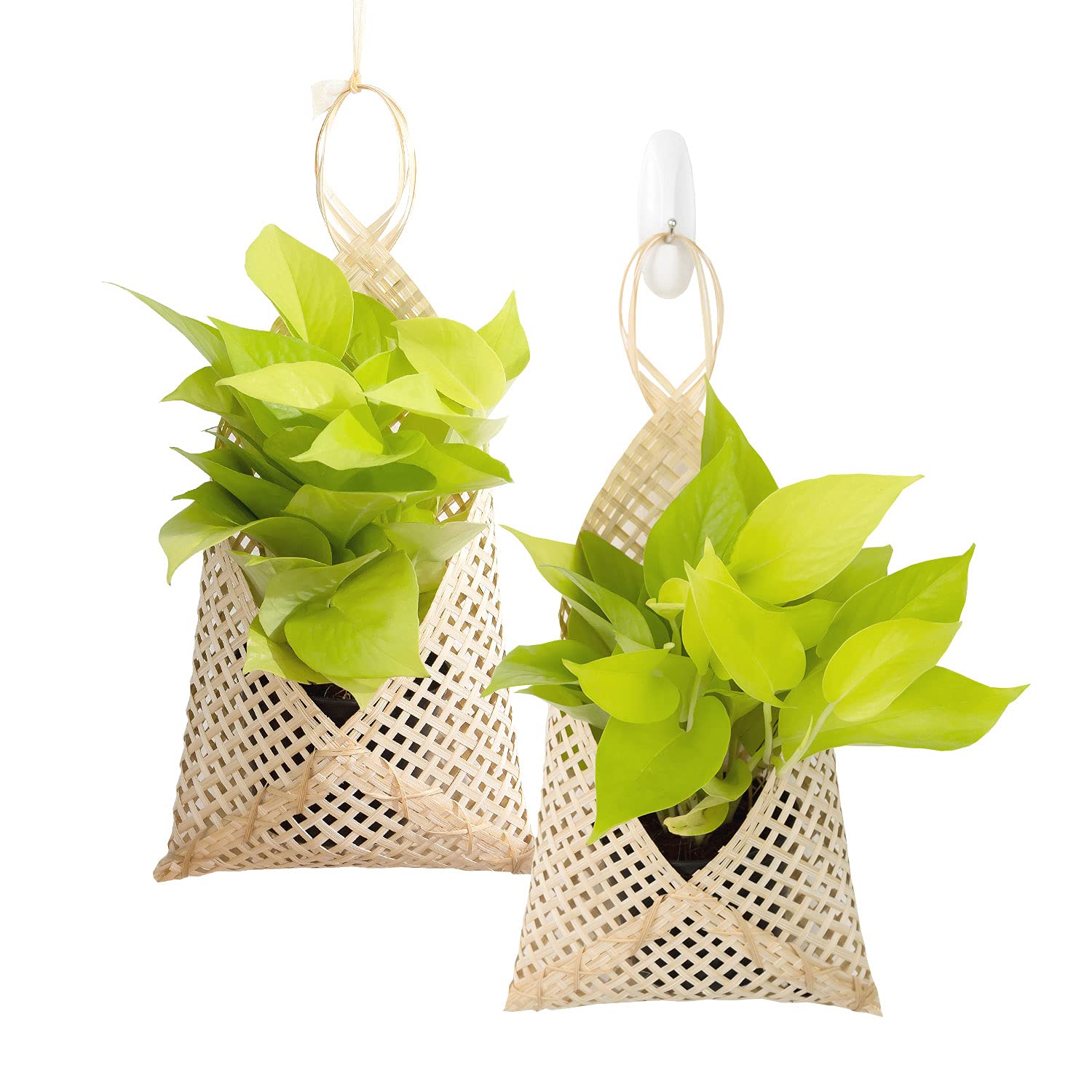 POWERLAP PRO 2-Pack Handmade Woven Baskets - Hanging Plants for Pot Covering and Storage - Small Natural Woven Bamboo Baskets, Hanging Planters
