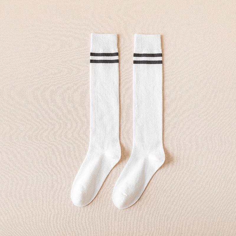 Women's Two-Stripe High Knee Cotton Socks - Black (Spring, Autumn, Winter Fashion)