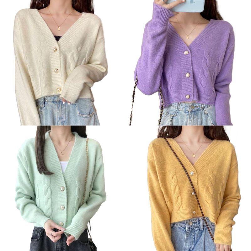 

Женский кардиган с длинным рукавом, укороченный топ с V-образным вырезом, осенняя мода для и зимы S жёлтый