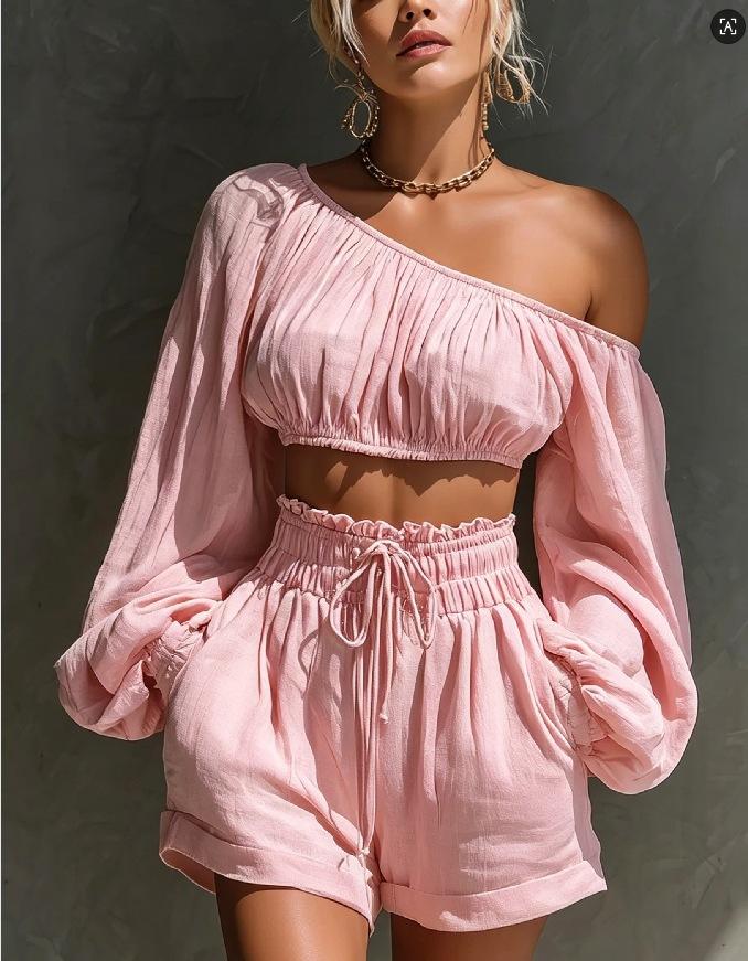 French Lazy Wind Slant Shoulder Long Sleeve Short Top High Waist Fungus Edge Casual Shorts Suit Women