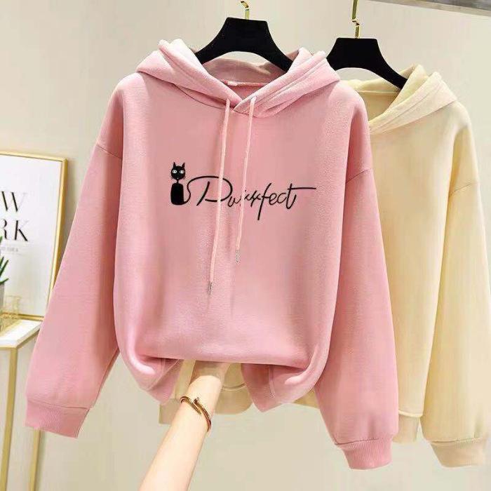 Korean Style Women's Fleece-Lined Hooded Sweatshirt, Plus Size, Loose Fit, Long-Sleeved, for Autumn and Winter.