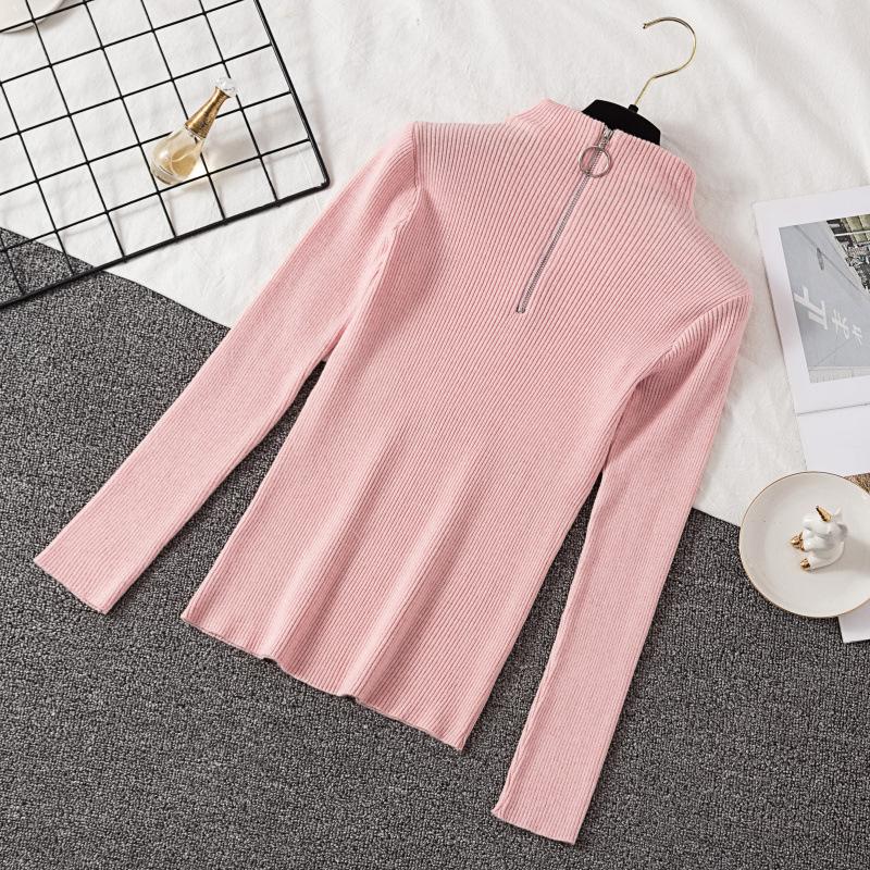 Knitted Women Zipper Half High Neck Ring Zipper Slim Top Sweater Pullovers Autumn Winter Basic Women Sweaters Slim Solid Knitwear Pull Femme Tops