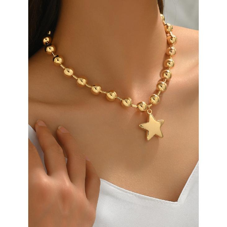 Shiny CCB Golden Large Round Ball Beaded Choker Necklace Bold Chunky Five-Pointed Star Pendant Statement Jewelry for Women