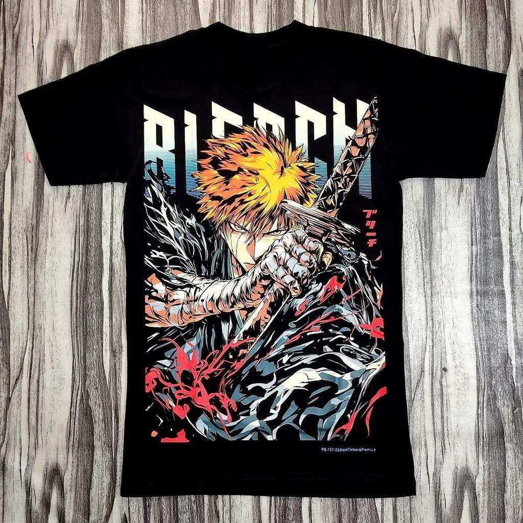 Vintage Black Bleach Anime Graphic T-Shirt Featuring Ichigo Kurosaki with Zangetsu Sword, Retro BLEACH Lettering, Japanese Text and Bold Red Accents 4XL