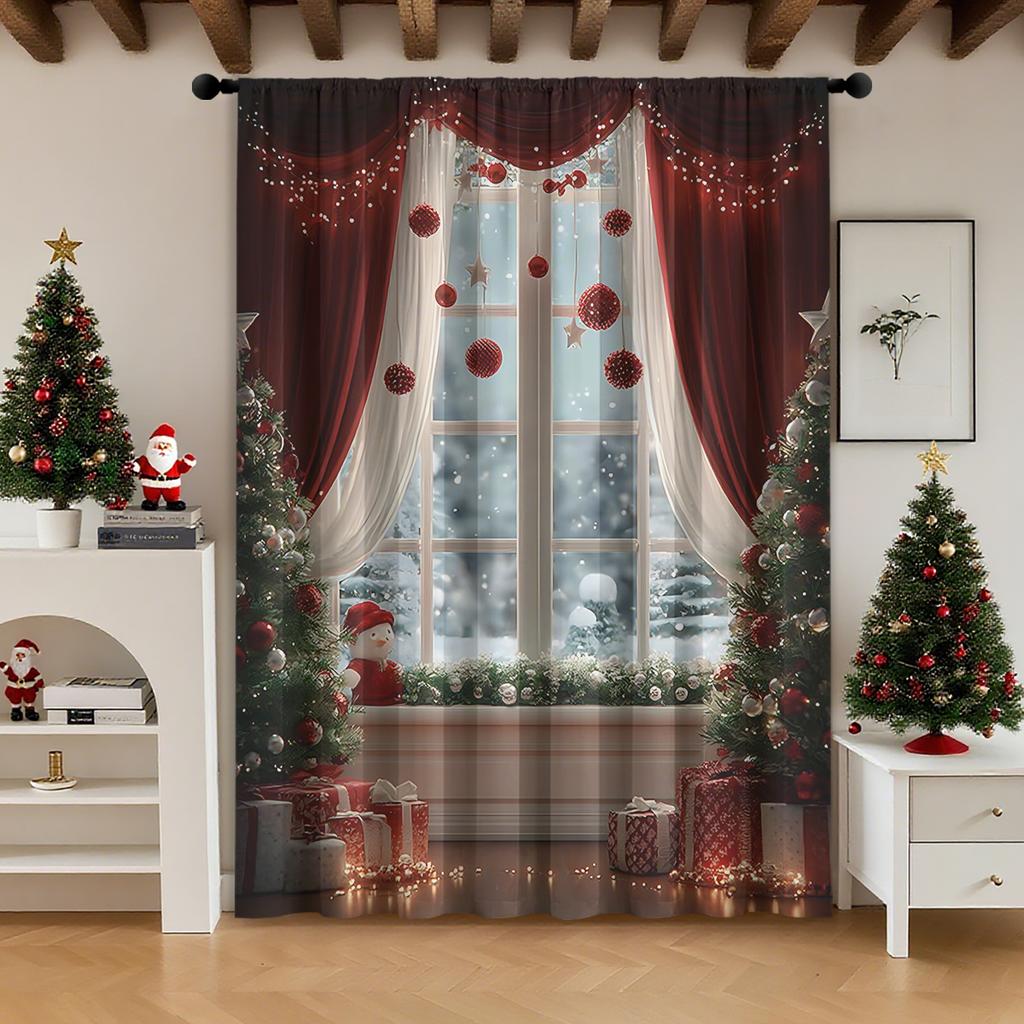 Single Panel Christmas Window Scenery Decoration Curtain Made Polyester Fiber Design Suitable Holiday Parties Winter Celebrations Decorations Of With