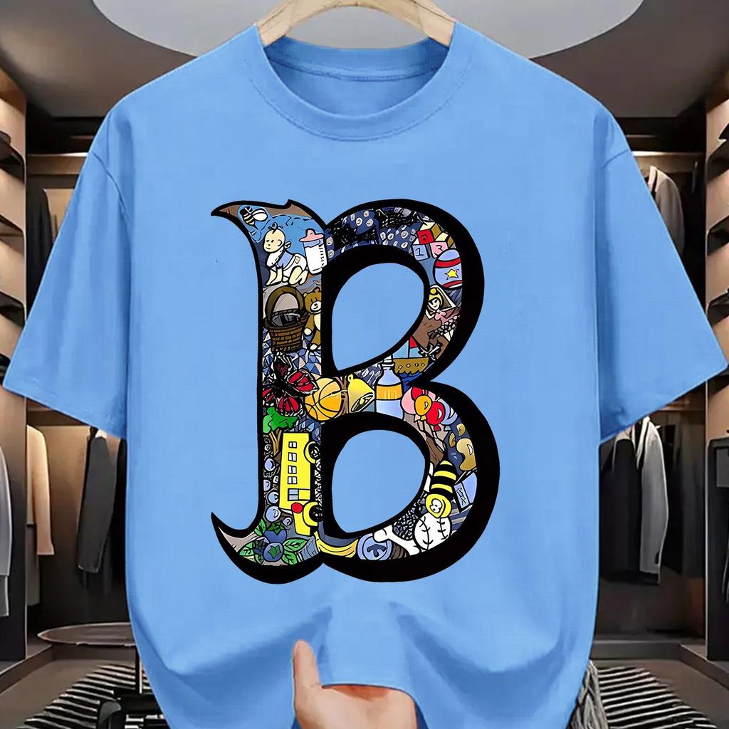 Letní pánské 100% bavlněné sportovně-ležérní módní volné nadměrné velikosti kreativní s potiskem písmena B kulatý výstřih krátký rukáv tričko top