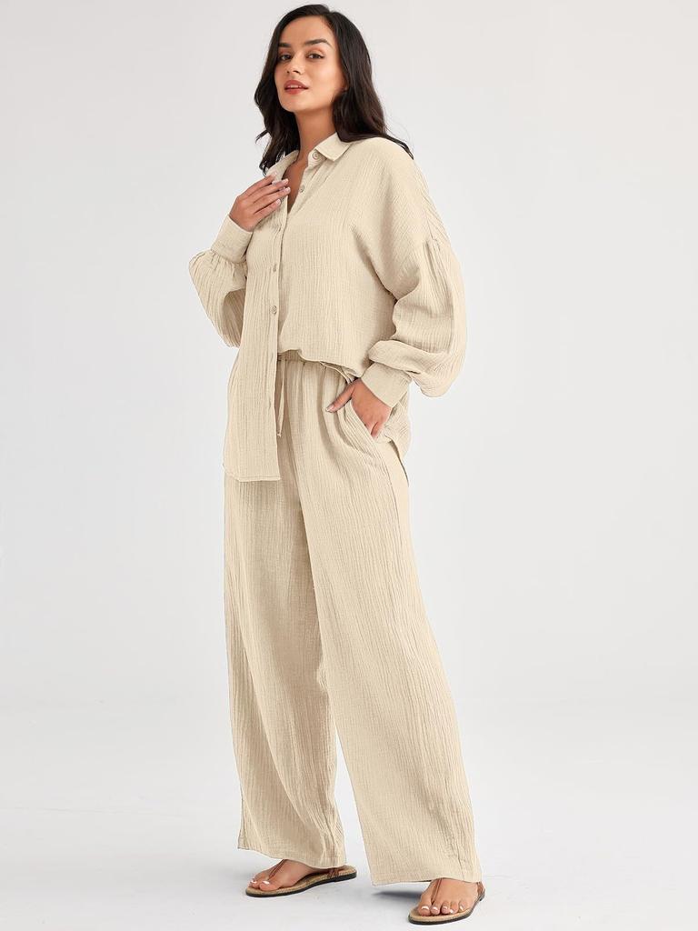 Women's Casual Loose Long Sleeve Shirt and Wide Leg Pants Set in Beige