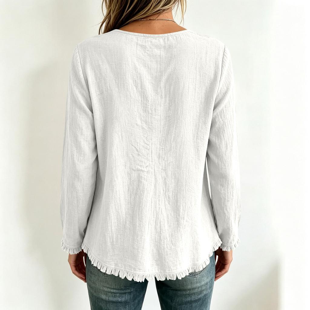 Damen Freizeit Farbe V-Ausschnitt Knopf Langarm Locker Geschnitten Quaste Bluse