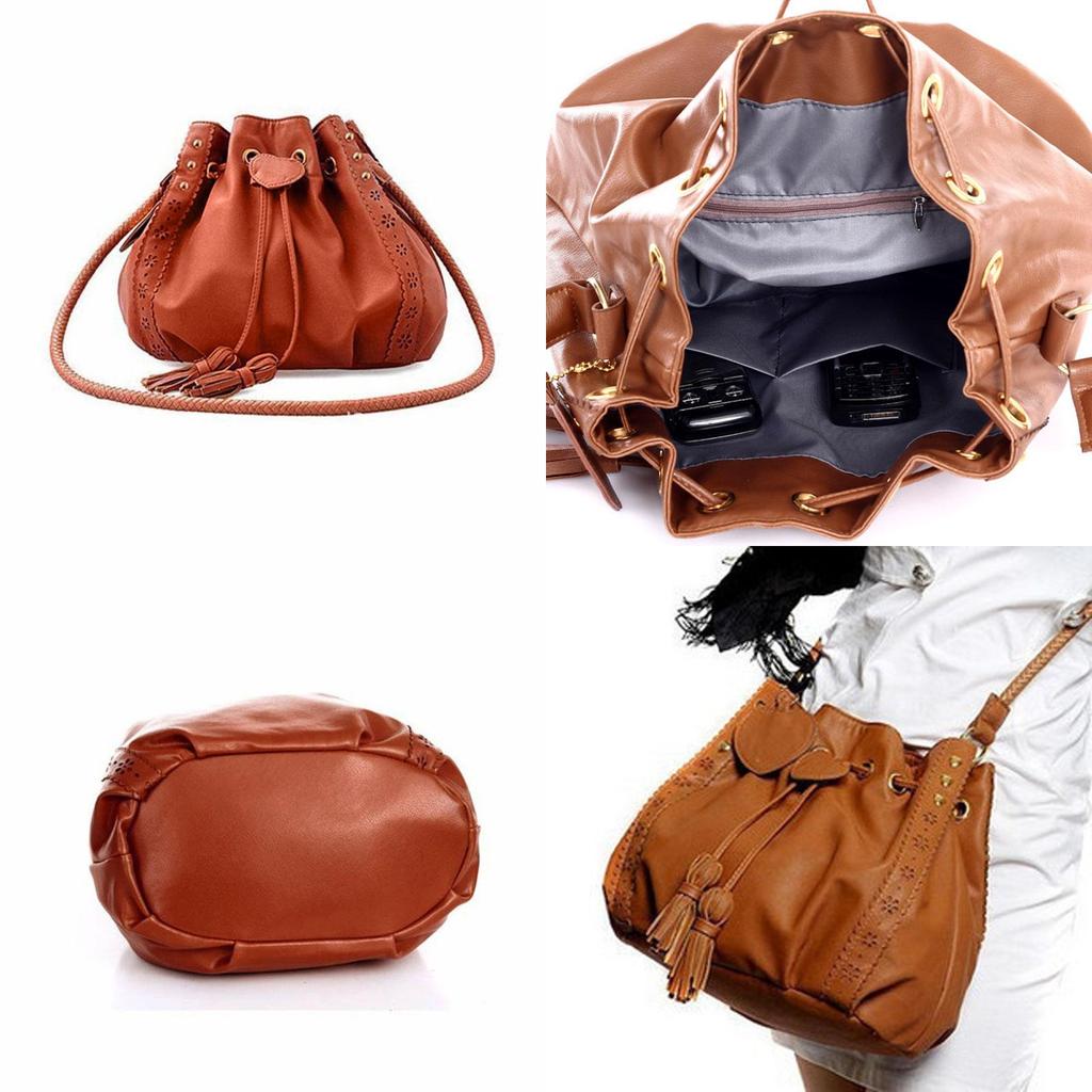 Elegant Women Bucket Shape Tassel Decorated Shoulder Cross Body Bag For Stylish Looks