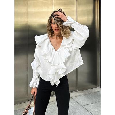 European and American Cotton Linen Design Sense Ruffled V-neck Drop Shoulder Sleeve Versatile Autumn Winter Niche Temperament Casual Shirt for Wo
