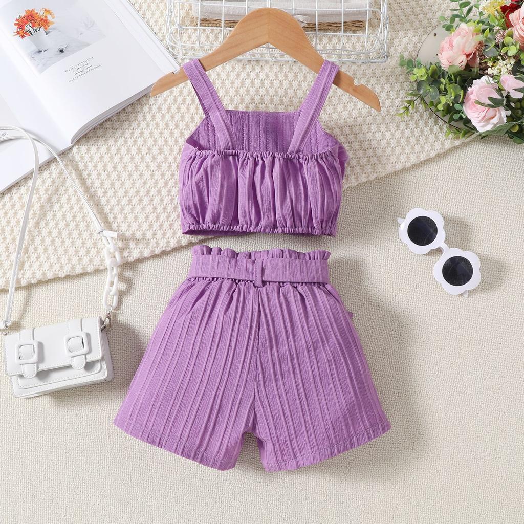 Mädchen Mode Anzug Sommer Kinder Casual Neckholder Top Offene Tasche Shorts mit Gürtel Anzug