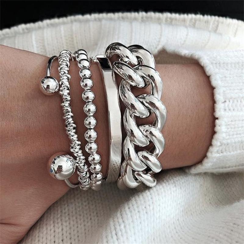 5 Piece/Set Fashion Bold Chain Bracelet for Women Trendy Gold Bow Color Flower Open Bangle Party Jewelry Accessories
