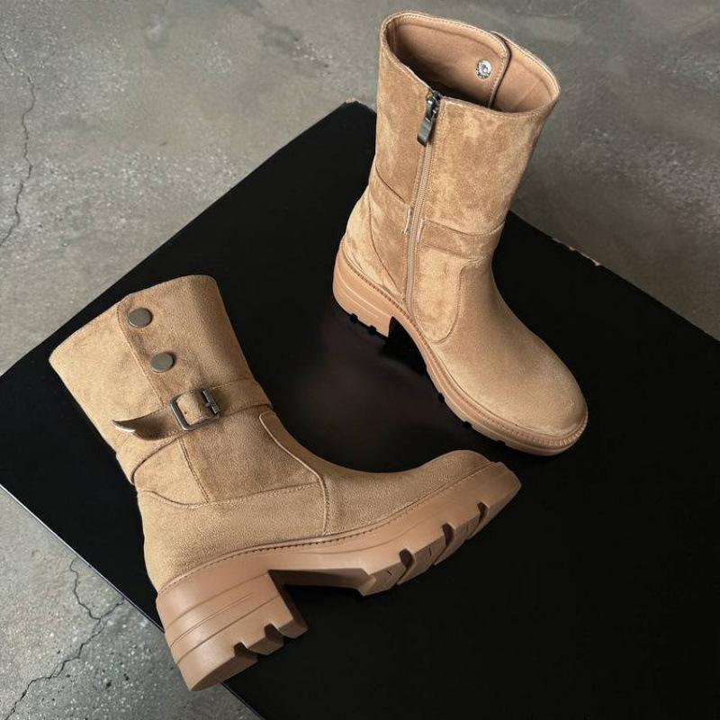 New versatile leather Martin boots solid color sleeve thick bottom non-slip comfortable large size women's boots round head medium boots women's