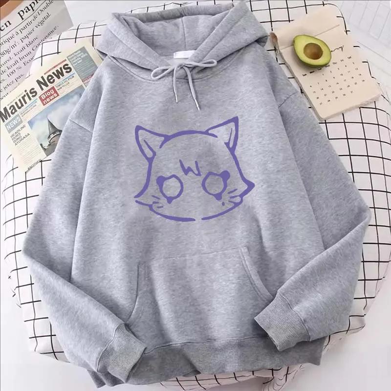 Genshin Impact Cartoon Cat Printed Hoodie Women Casual Autumn Winter Kawaii Harajuku Fleece Long Sleeve Sweatshirts