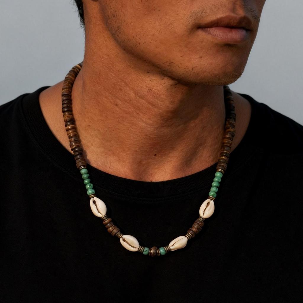 Conch Bohemia Surfer Necklace for Man,Coconut Shell Man's Wooden Beaded Collar,Summer Beach Jewelry Gift
