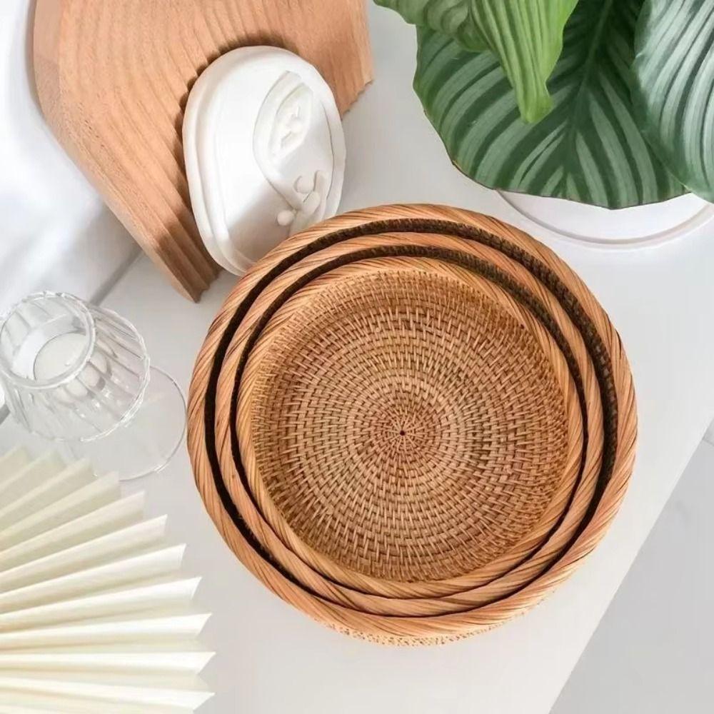 Large Capacity Round Rattan Storage Tray Plastic Bread Fruit Storage Tray  Living Room