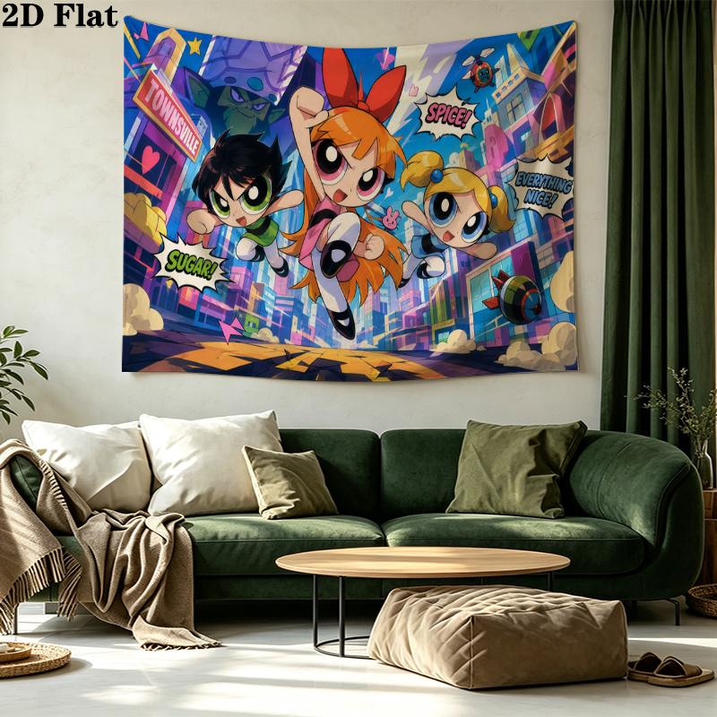 Powerpuff Girls Wall Tapestry Aesthetic Wall Hanging Printed Fabric Blanket Decorative Tapestries for Bedroom Living Room Home Decor
