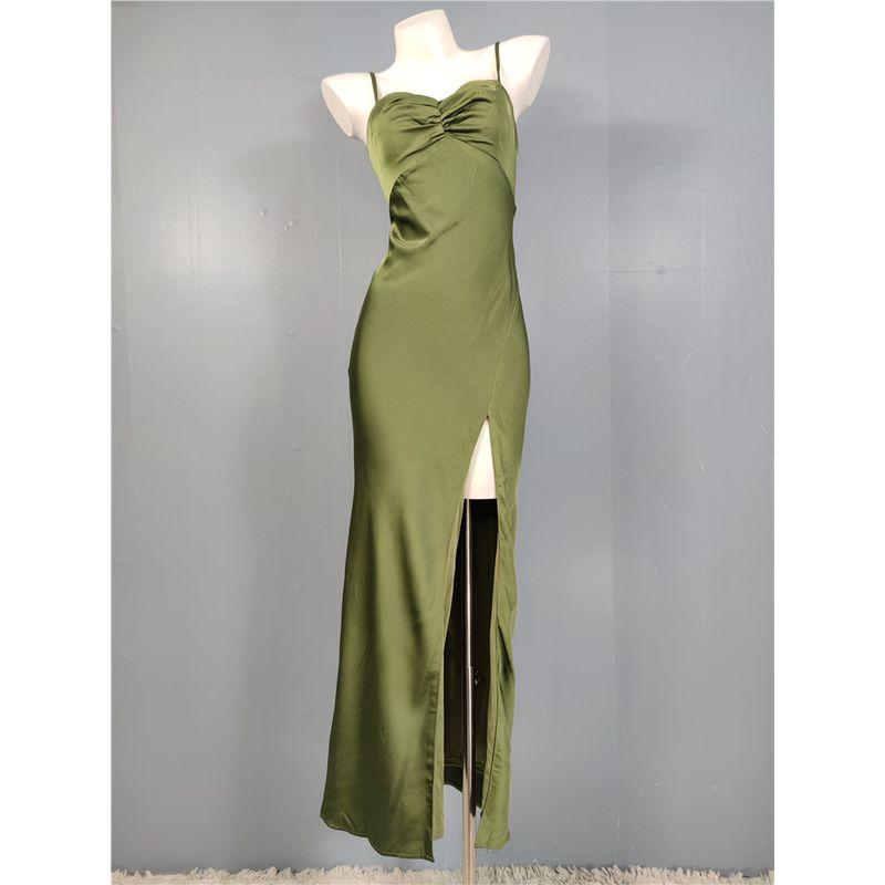

Export Single Cross-Border Sling Open Back Ruched Chest-Flattering Split Long Legs Formal Dress Annual Party Party Dress Army Green 2XL