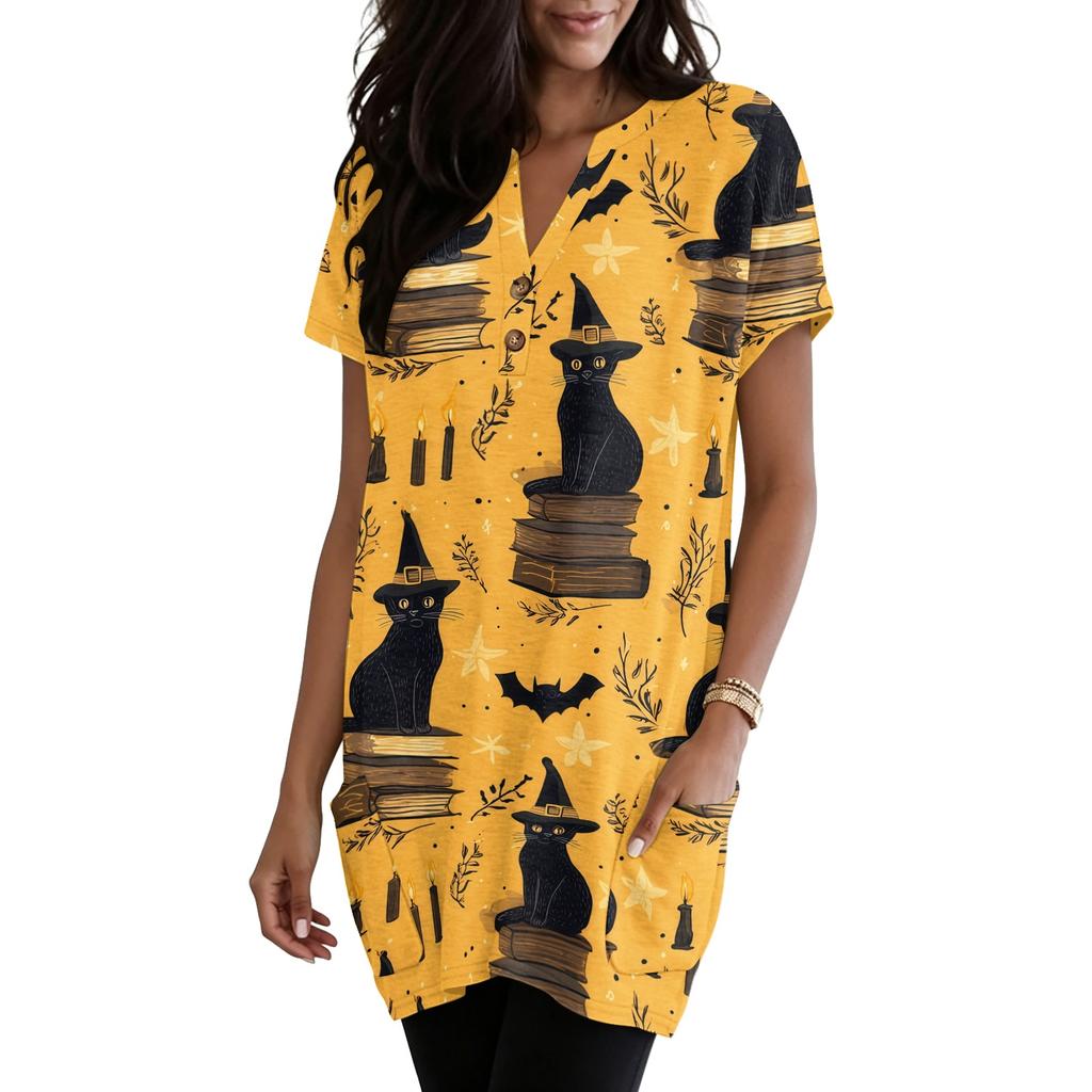 Women V Neck Halloween Print Short Sleeve Pullover Dress with Pocket Casual Loose Fit Tunic Dress for Daily Wear