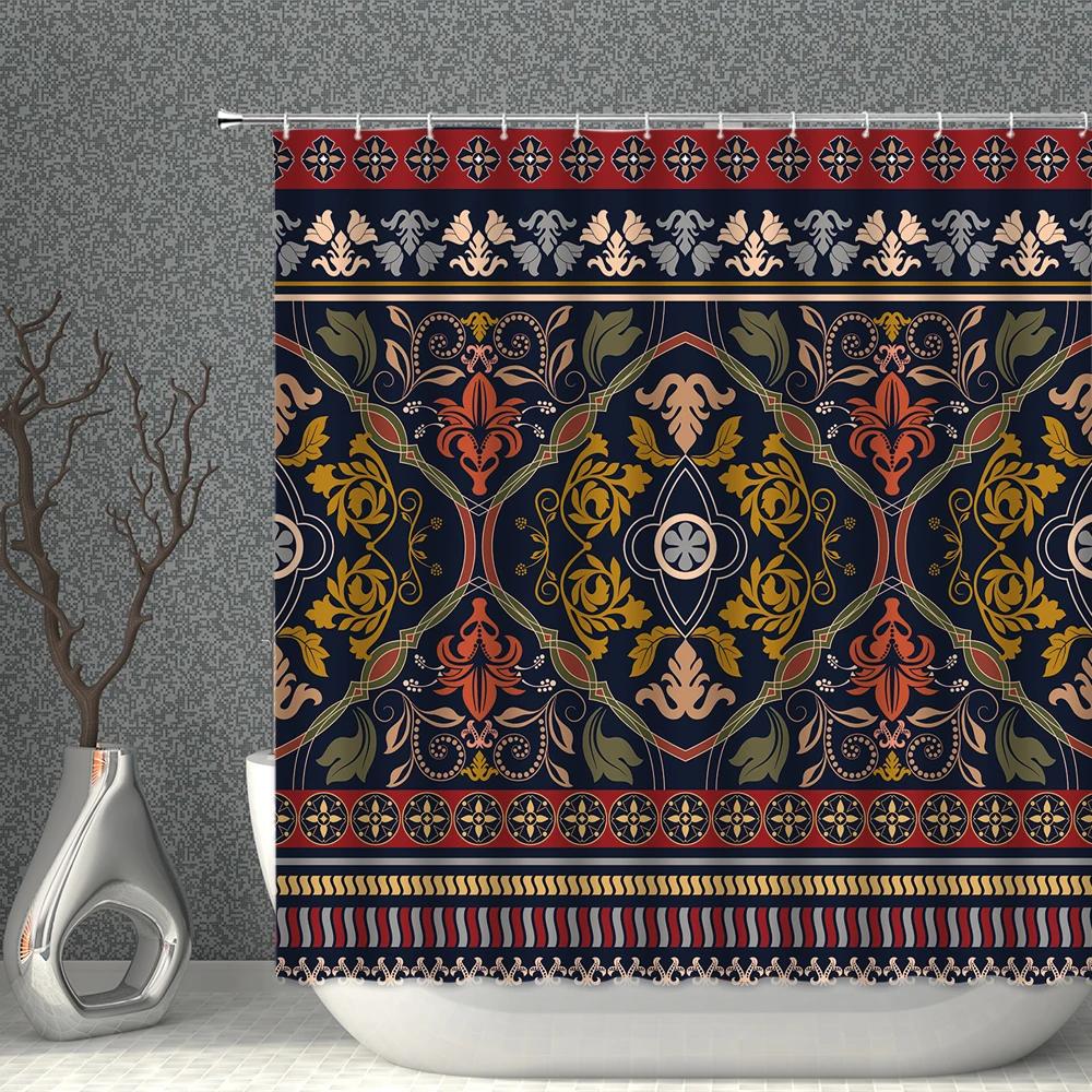 Bohemian Duschvorhang-Set Wasserdichtes Tuch Schwarze Geometrie Fransen Farbig Bedruckte Badevorhänge Mehrere Größen Badezimmer Sichtschutz Dekoration