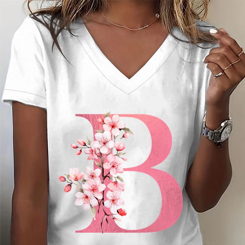 Pink Sakura Alphabet Graphic T Shirts Unisex Az 26 Alphabet Pink Flower Cartoon Tshirts Cherry Blossom Letters C Casual Tops