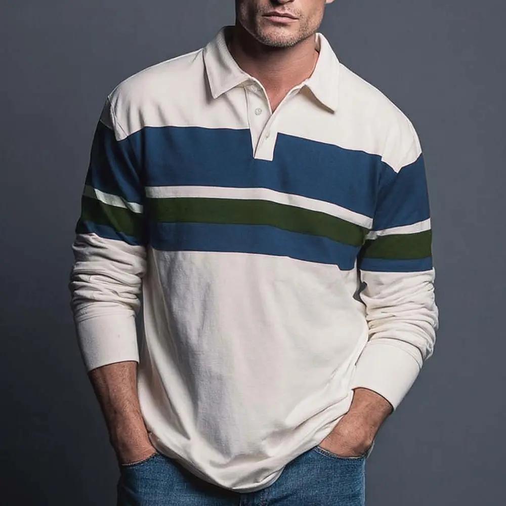 Stylish Patchwork Long Sleeve Polo Shirt, Casual Men's Top