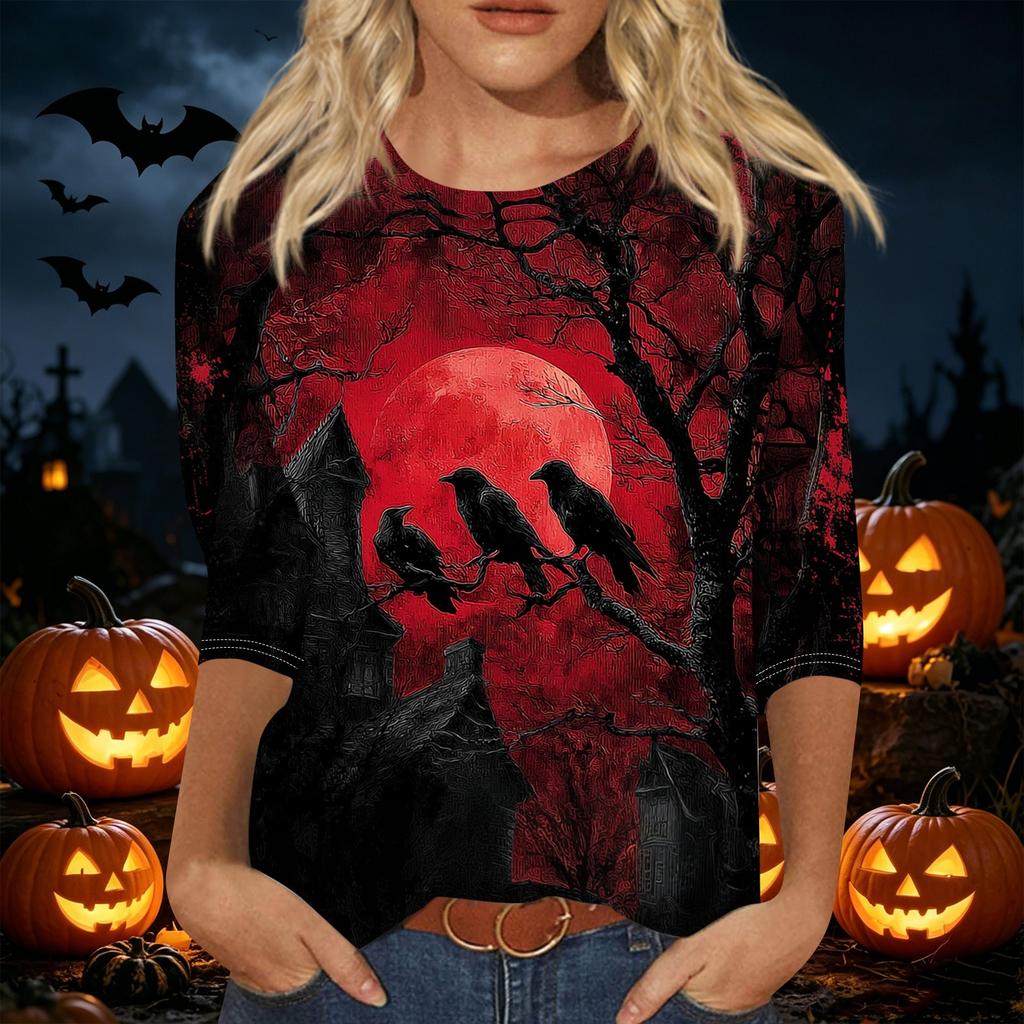 Women's Casual Halloween Printed T Shirt Crew Neck Three Quarter Sleeve Top Witch and Moon Graphic Design