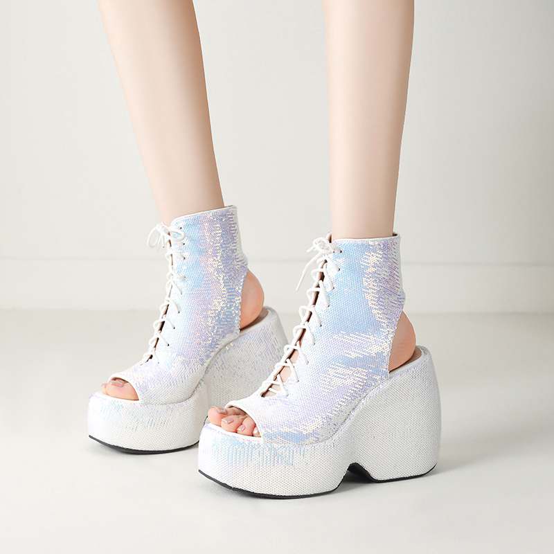 Krazing Pot Sequin Cloth Spring Summer Size 43 Size 42 Women Platform Women Peep Toe Toe Sexy Summer Boots Lace Up Pumps