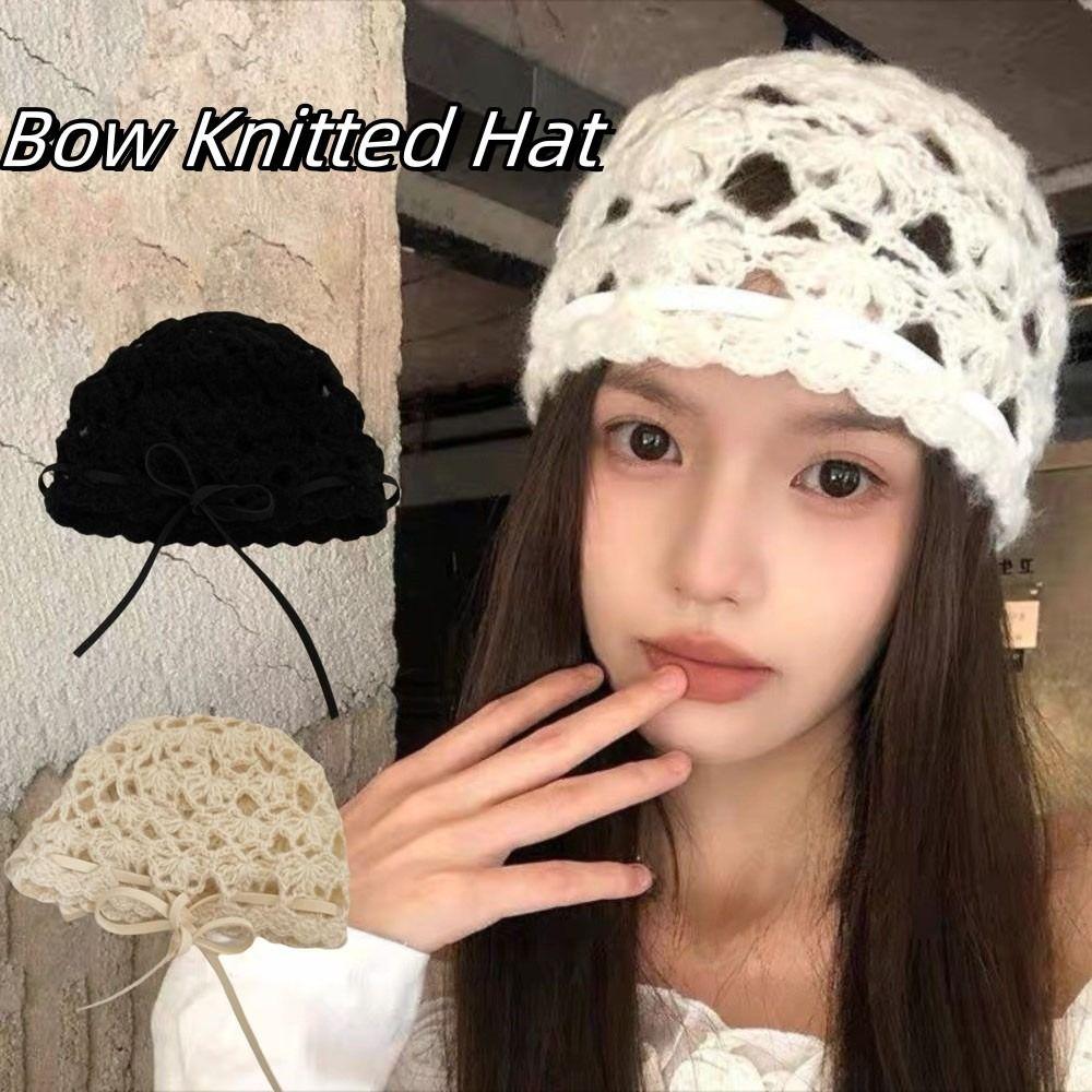Bow Knit Beanies Strapped Ethnic Style Hat Casual Crochet Hollow Knitted Hat  Apparel Accessories