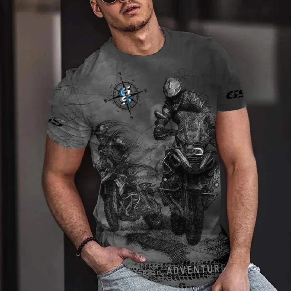 Summer Round Neck 3D Motorcycle Print Top Fashionable Casual Short Sleeved Men's T-shirts