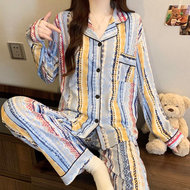 ins style girlish pajamas women's spring and autumn long-sleeved sweet bow full print casual loungewear set