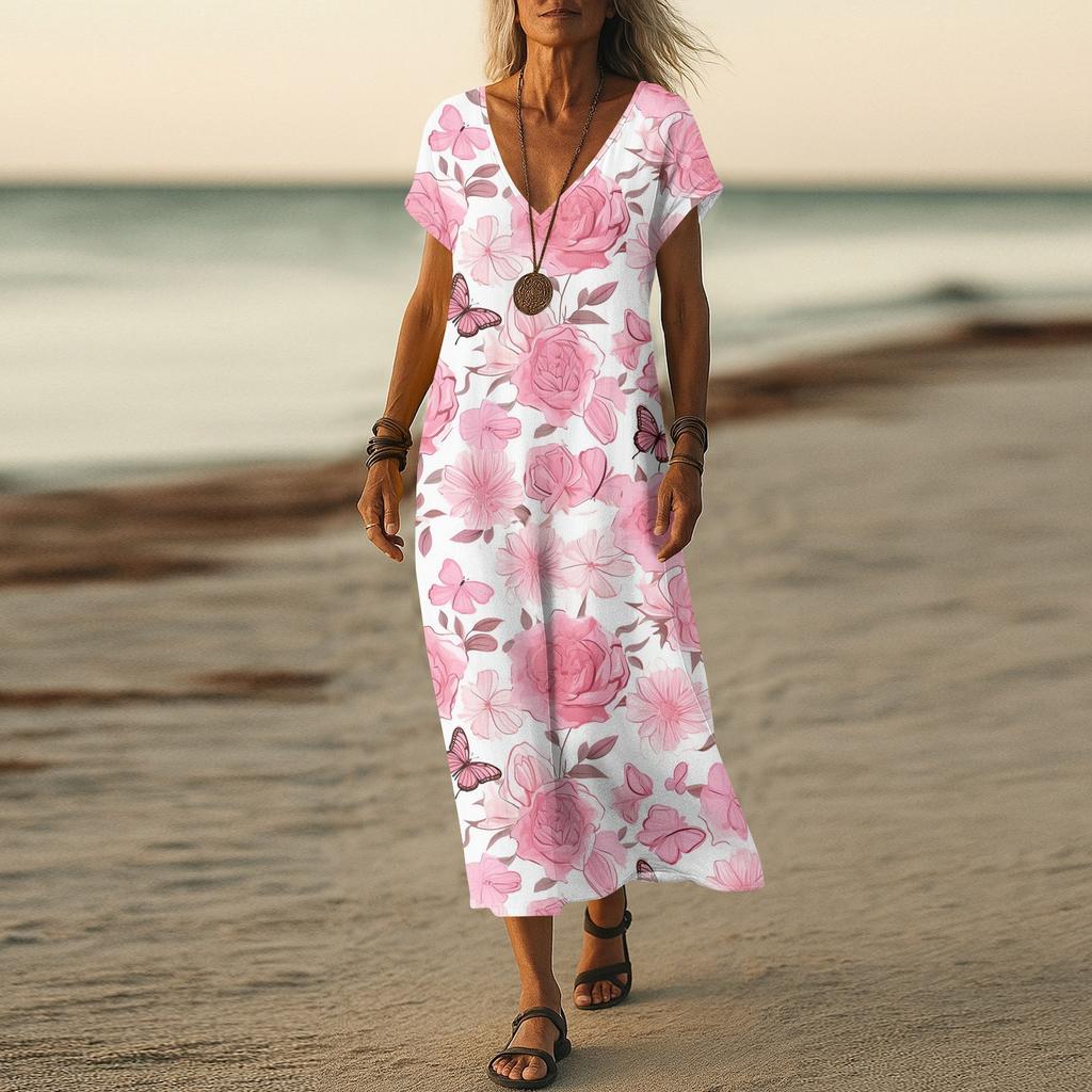Summer Dress Women's Long Boho Beach Dress Elegant Maxi Dress V-Neck Short Sleeve Summer Tunic Dress Light Airy