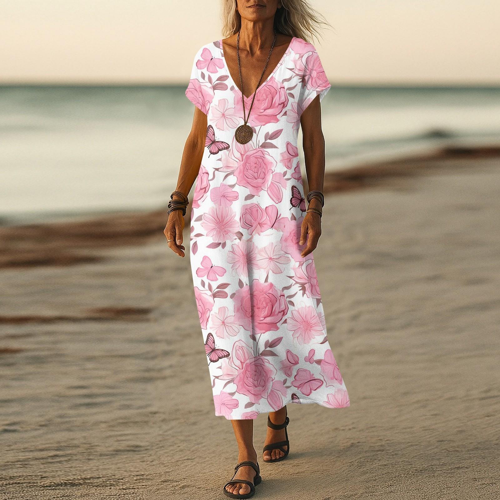 

Летнее платье Женское длинное платье бохо для пляжа Элегантное платье макси V-образный вырез Короткий рукав Летнее платье-туника Легкое воздушное L розовый