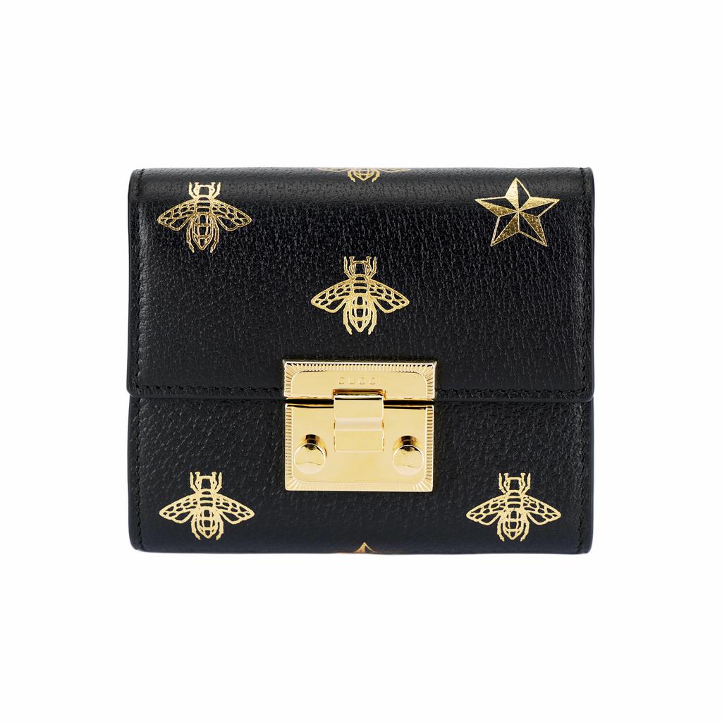 Gucci Vorhängeschloss Metallschlosskopf Bienenmuster Kurzes faltbares Lederportemonnaie Damen Schwarz