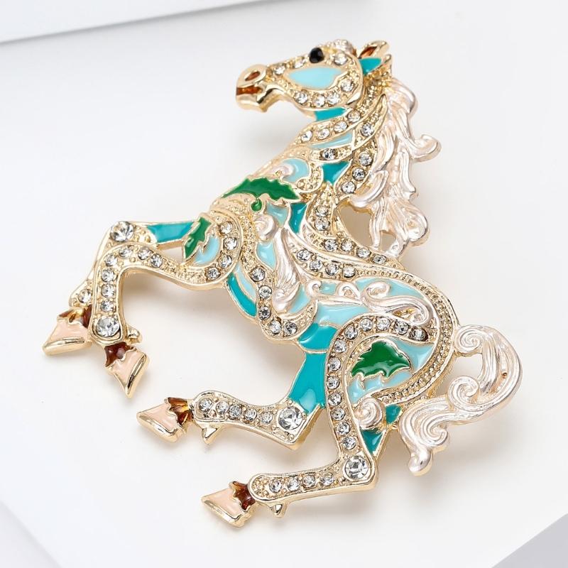 Trendy Enamel Horse Shaped Brooch Rhinestones Embellished Decorative Jewelry for Dresses Jackets Bags